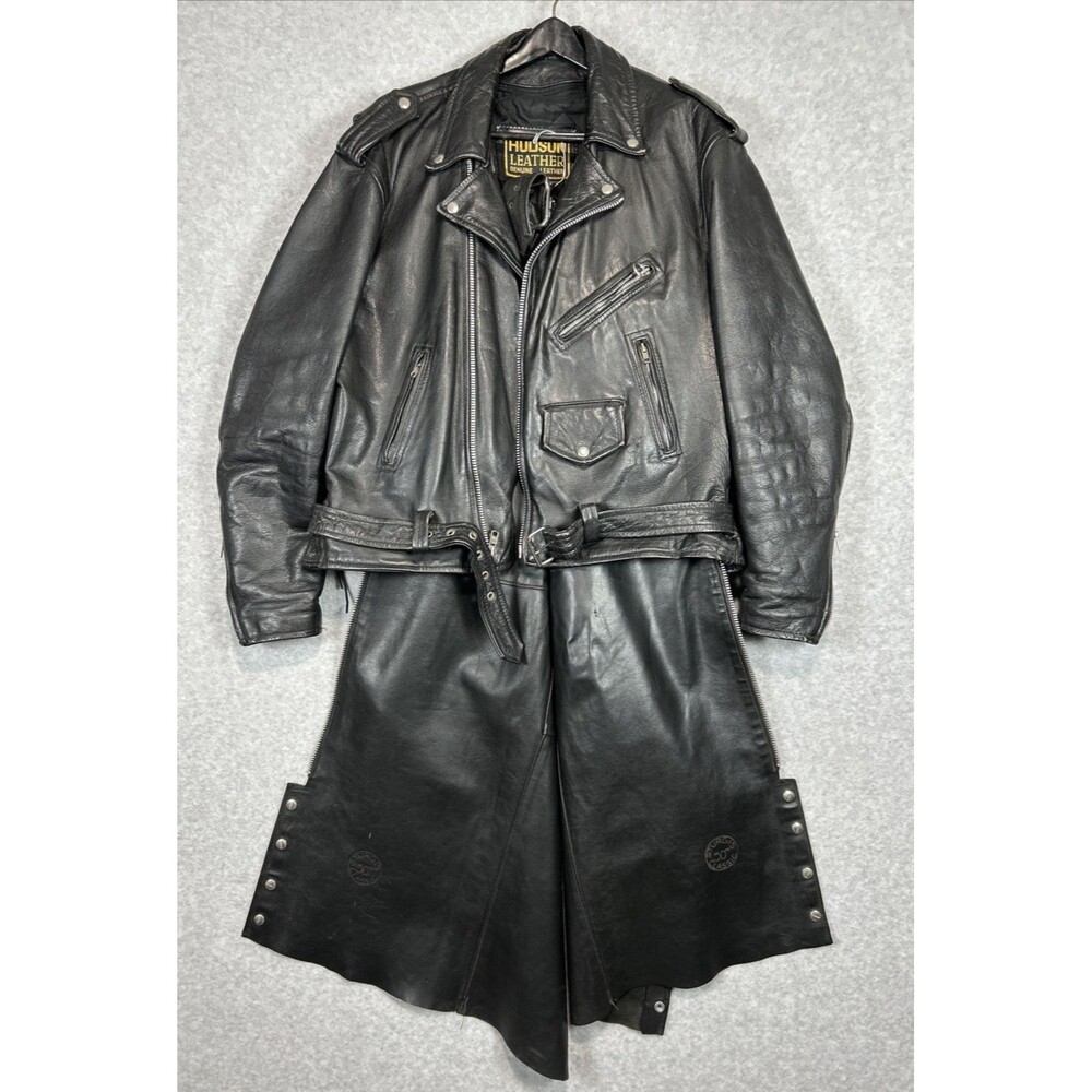 VTG Hudson Leather Sturgis 50th 1990 Mens Black Motorcycle Jacket & Chaps Sz 50